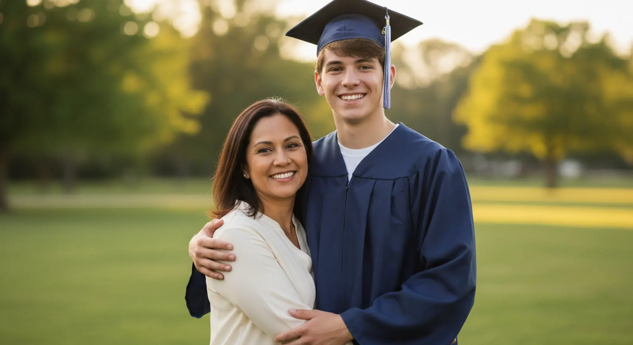 Young man in a graduation gown hugging his mother outdoors on a sunny lawn, both smiling