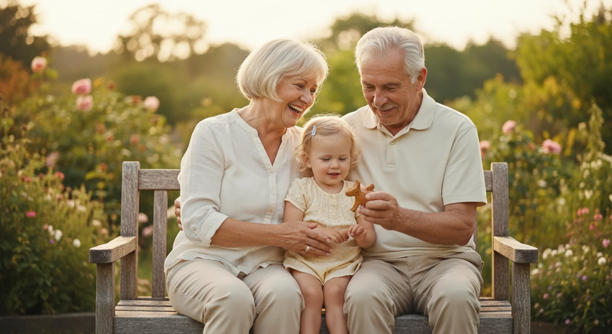 Grandmother and grandfather on a garden bench with a toddler grandchild between them, all three fully in frame in soft afternoon light