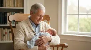 Grandfather in a cardigan holding his infant grandchild in a rocking chair by a window, both fully in frame with space above