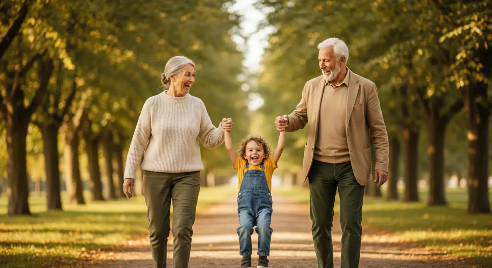 Grandparents walking hand in hand with a small grandchild between them on a tree-lined path, all three fully in frame