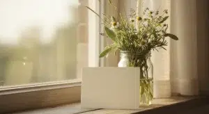Handwritten thank you card resting against a jar of wildflowers on a wooden windowsill