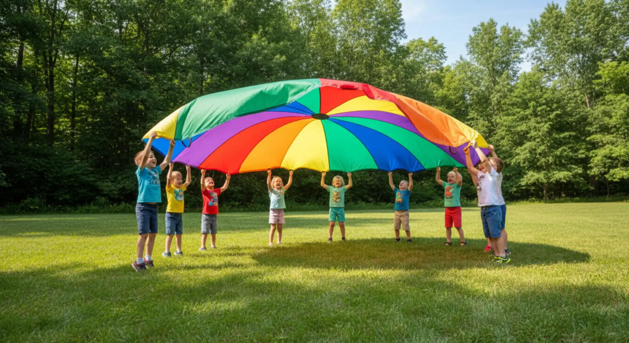 A group of kids playing a parachute game outdoors together