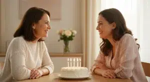 Mother and adult daughter smiling together over a simple birthday cake with lit candles at a sunlit table