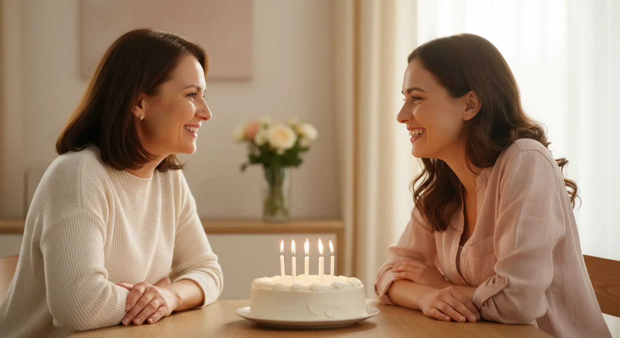 Mother and adult daughter smiling together over a simple birthday cake with lit candles at a sunlit table