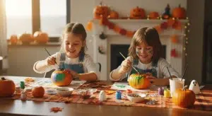 Two kids painting pumpkins at a table during a Halloween craft activity