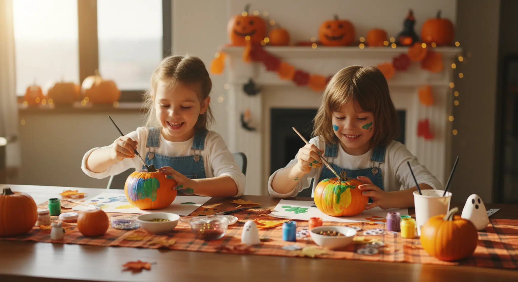 Two kids painting pumpkins at a table during a Halloween craft activity