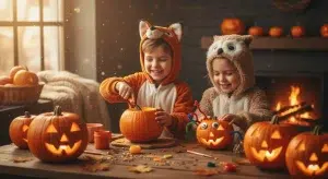 Two children in costumes decorating pumpkins beside glowing jack-o-lanterns in warm autumn light