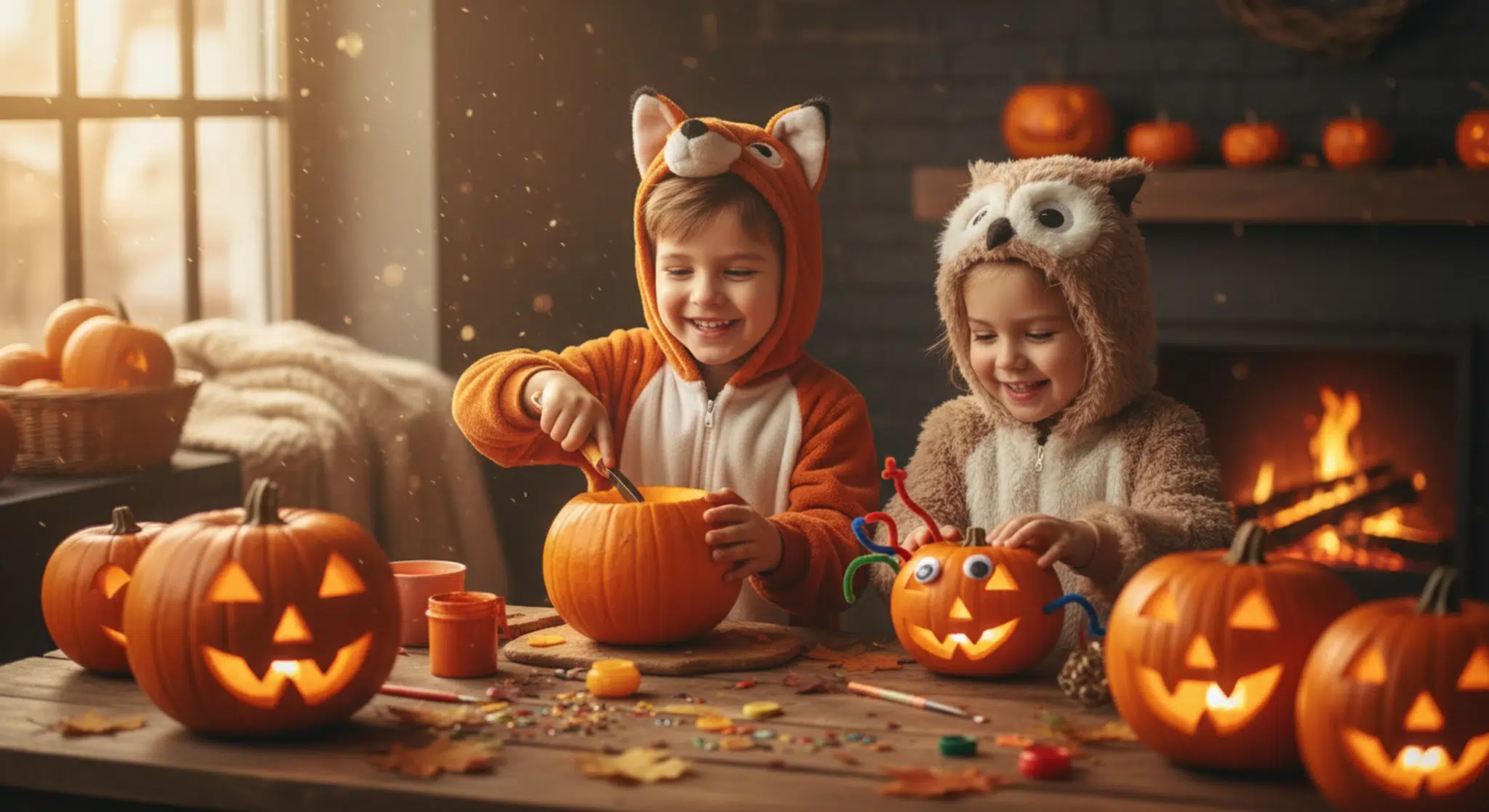 Two children in costumes decorating pumpkins beside glowing jack-o-lanterns in warm autumn light