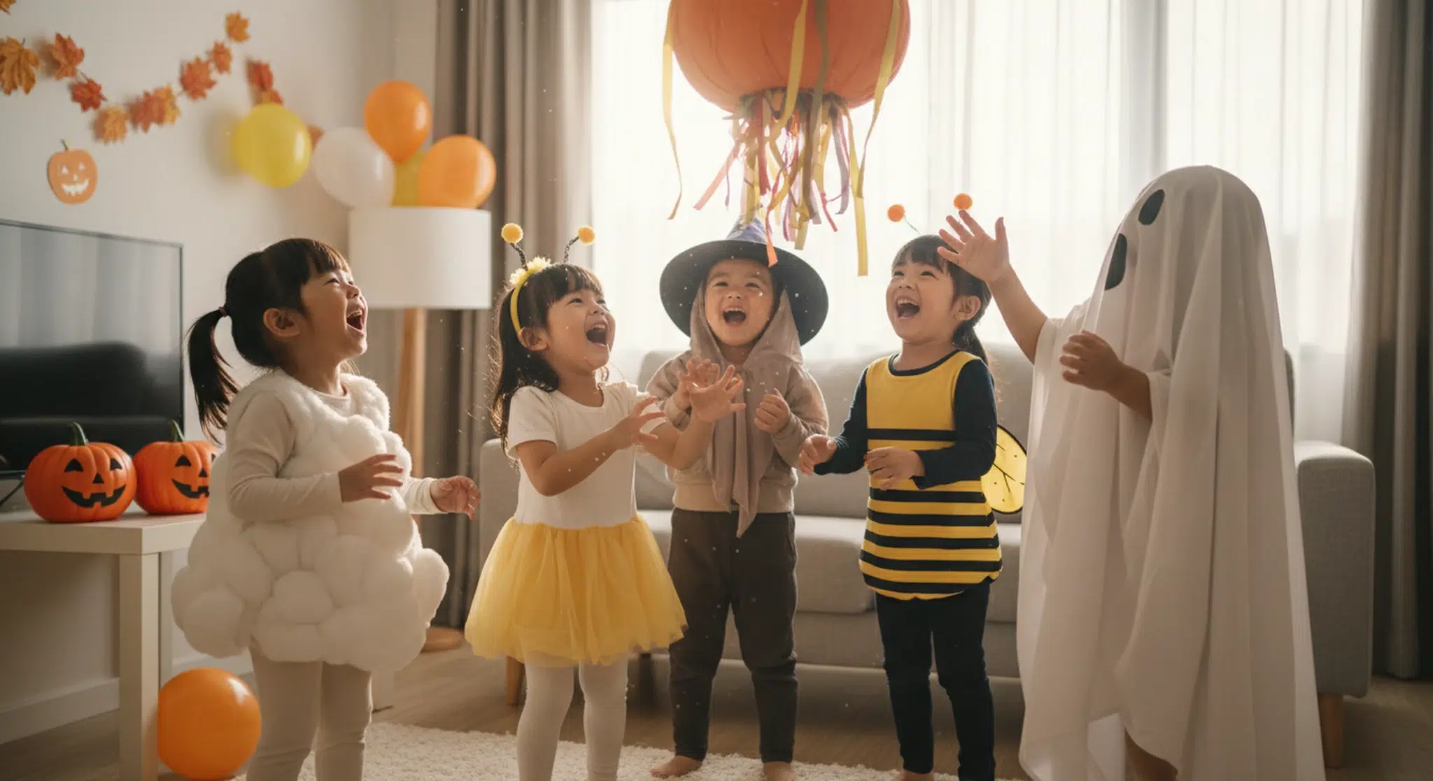 Young children in friendly costumes playing a Halloween party game in a decorated room