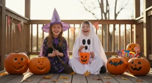 Halloween Jokes for Kids 40+ Spooky Silly Notscary Jokes | Betteroo Two children in friendly Halloween costumes laughing next to pumpkins on a porch