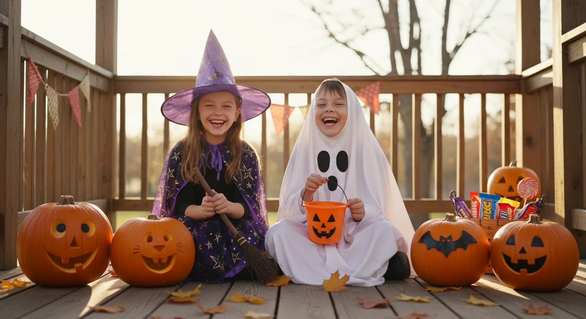Two children in friendly Halloween costumes laughing next to pumpkins on a porch