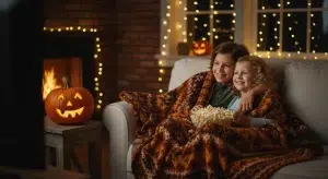 Two kids under a blanket with popcorn watching a Halloween movie beside a glowing pumpkin