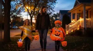 Parent and two children in bright reflective Halloween costumes trick-or-treating on a well-lit sidewalk with flashlights
