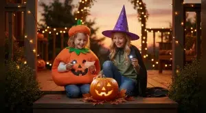 Two children in Halloween costumes with flashlights finding a jack-o-lantern during a Halloween scavenger hunt