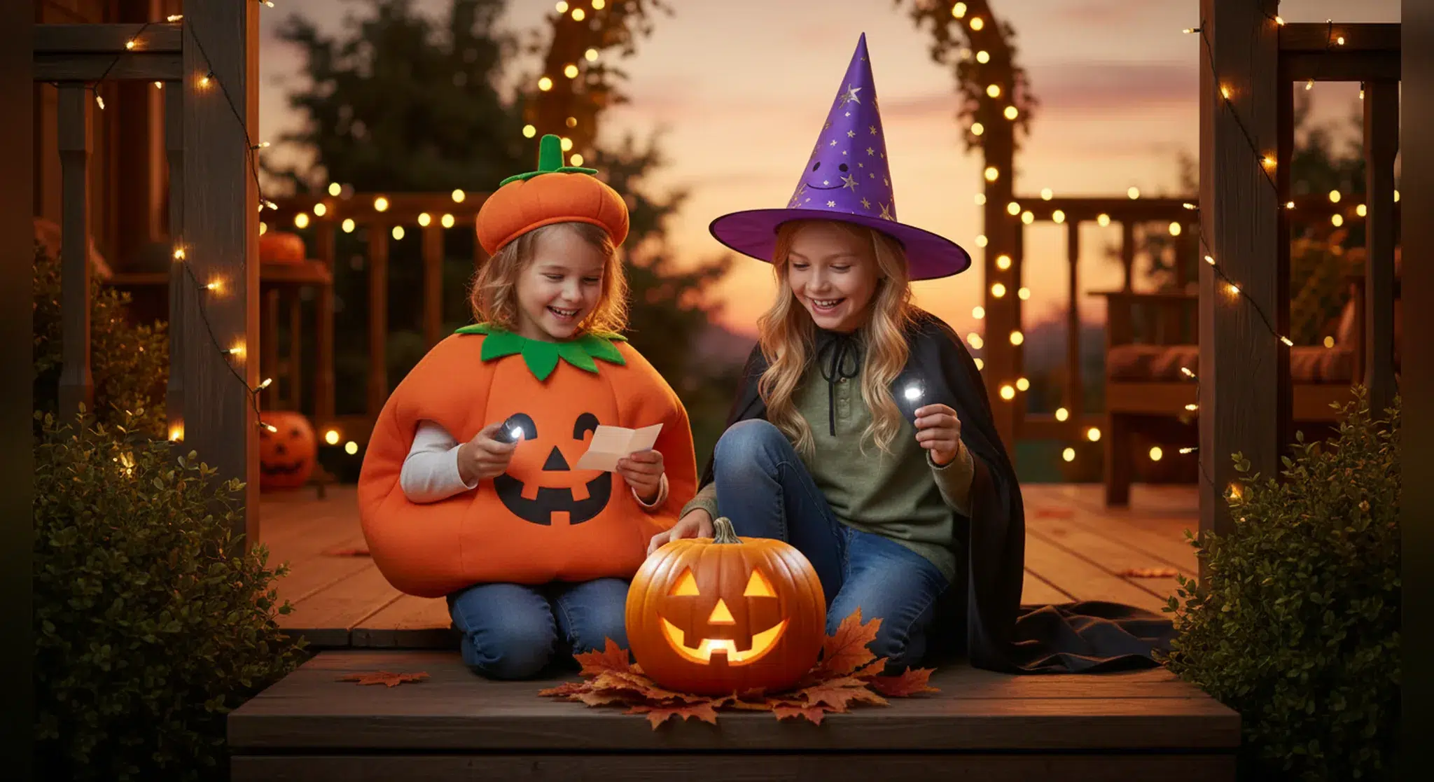 Two children in Halloween costumes with flashlights finding a jack-o-lantern during a Halloween scavenger hunt