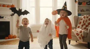 Young children singing and dancing with paper bats in a decorated living room