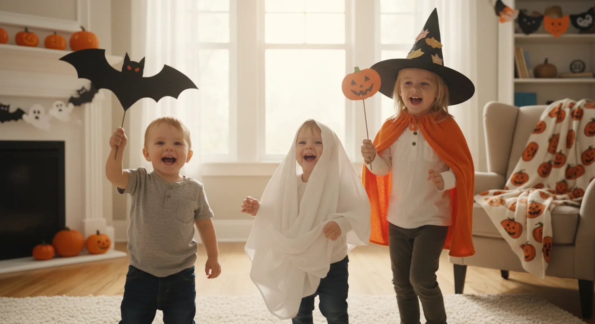 Halloween Songs for Kids Fun Notscary Tunes for Little Ones | Betteroo Young children singing and dancing with paper bats in a decorated living room