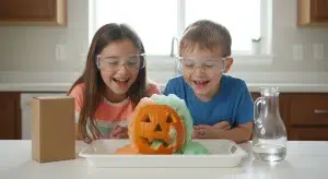 Two children watching foam bubble out of a carved pumpkin volcano Halloween science experiment