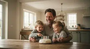 Father laughing at a kitchen table as his two young children lean in beside a small birthday cake, all three fully in frame
