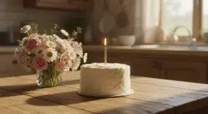 Small birthday cake with a single lit candle beside a bunch of garden flowers on a wooden kitchen table