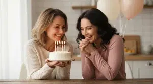 Two smiling sisters sharing a small birthday cake with lit candles at a cozy kitchen table