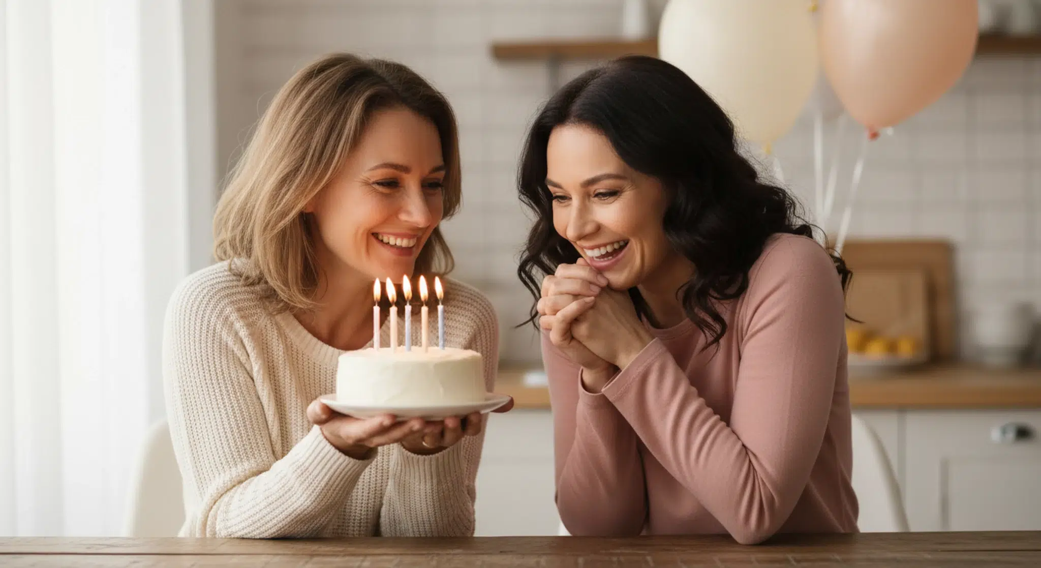 Two smiling sisters sharing a small birthday cake with lit candles at a cozy kitchen table