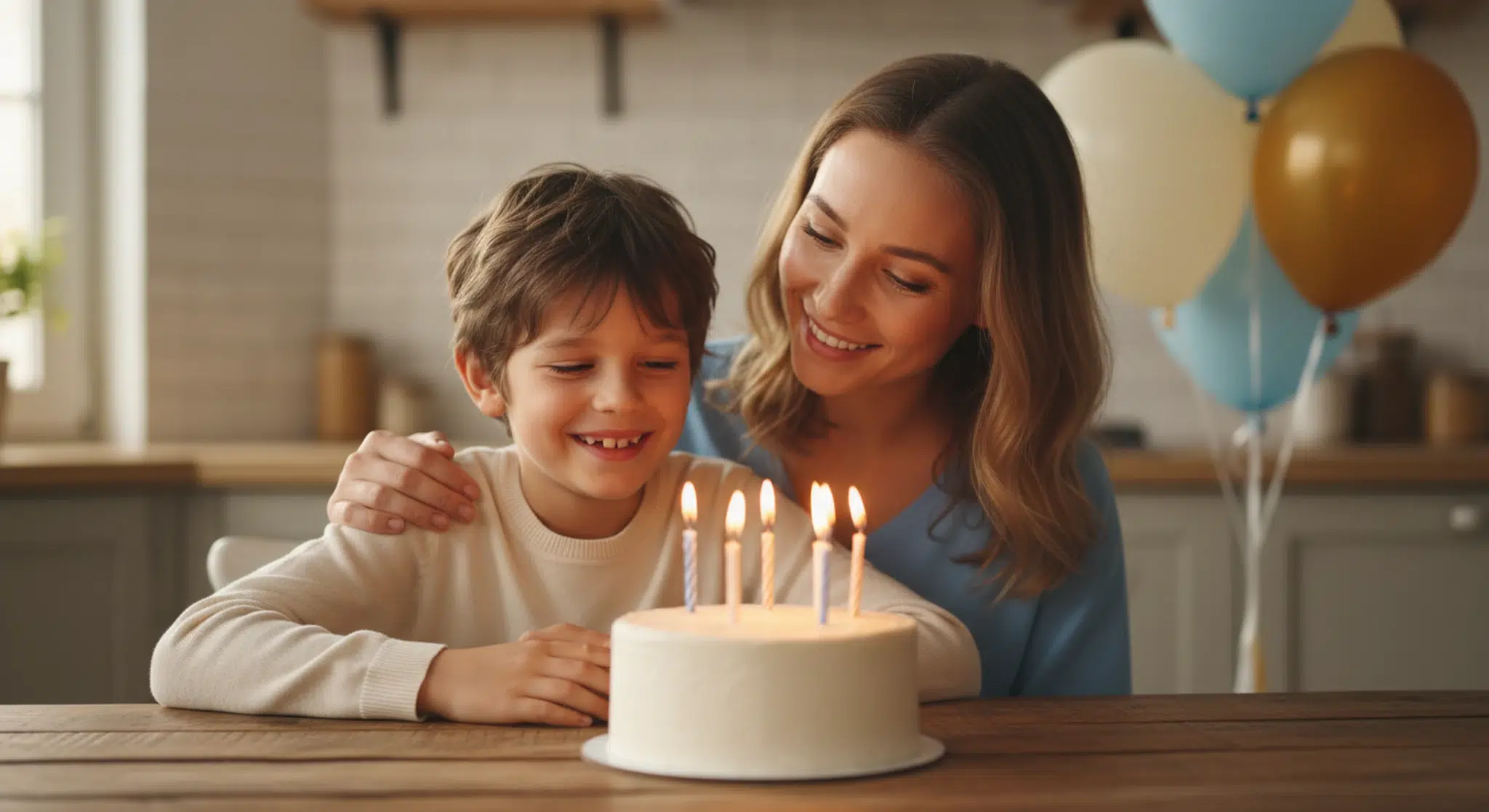 Young boy smiling at a birthday cake with lit candles while his mother sits beside him at the kitchen table