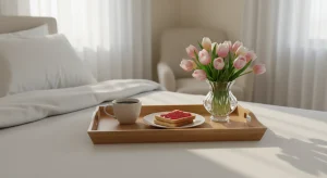 Breakfast tray with a small vase of tulips and a cup of coffee on an unmade bed in soft morning light