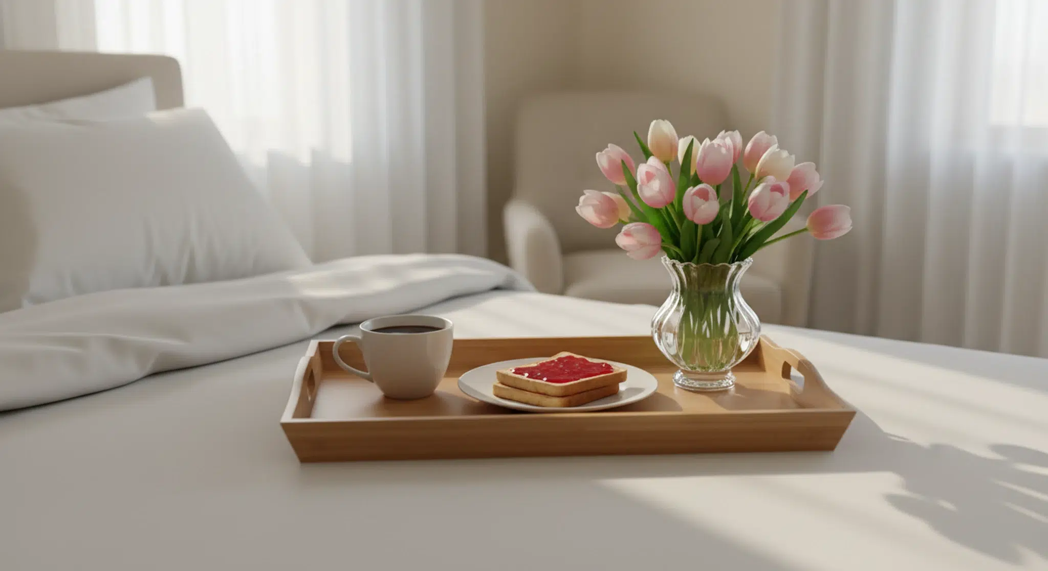 Breakfast tray with a small vase of tulips and a cup of coffee on an unmade bed in soft morning light