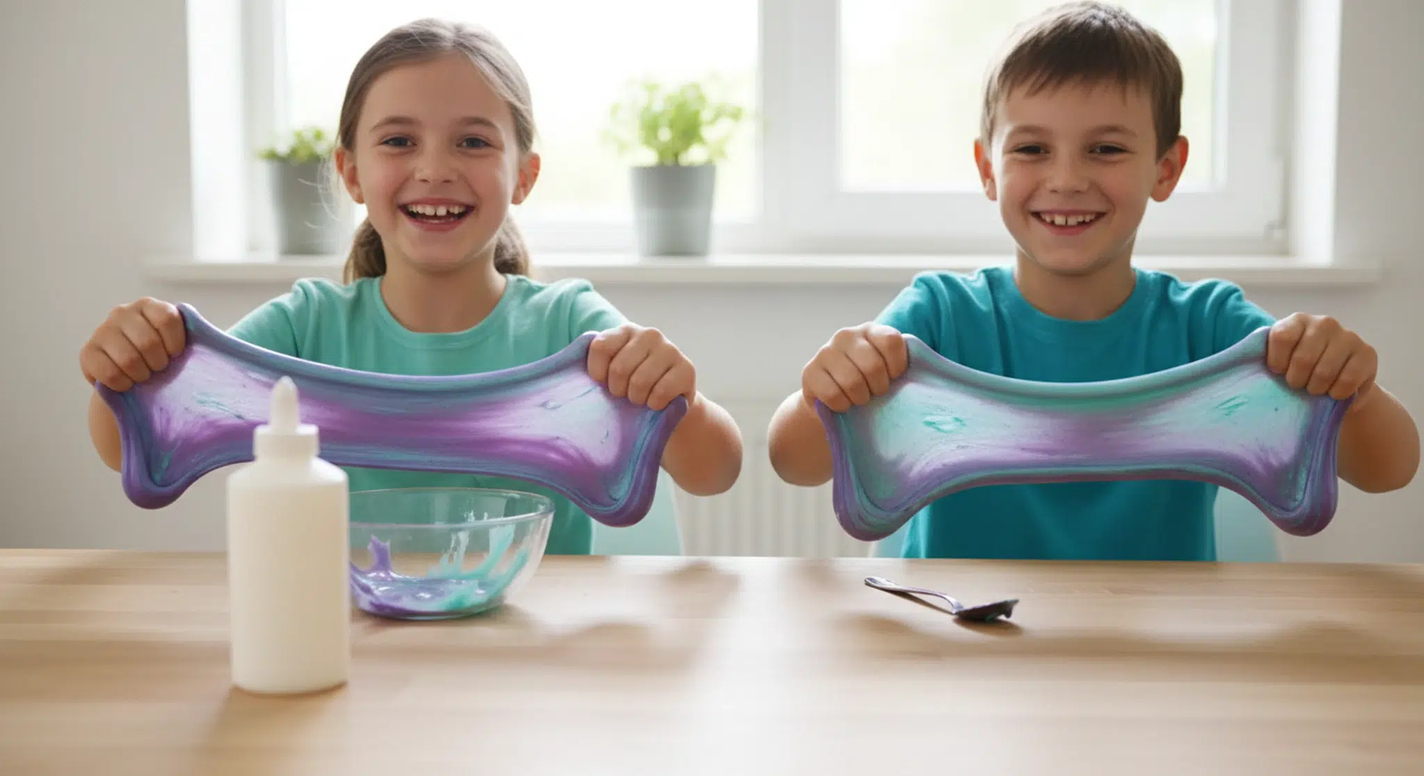 Homemade Slime 4 Easy Recipes Plus Boraxfree Options | Betteroo Two children stretching colorful homemade slime at a kitchen table
