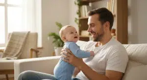 Dad holding a smiling baby as the newborn stage comes to an end