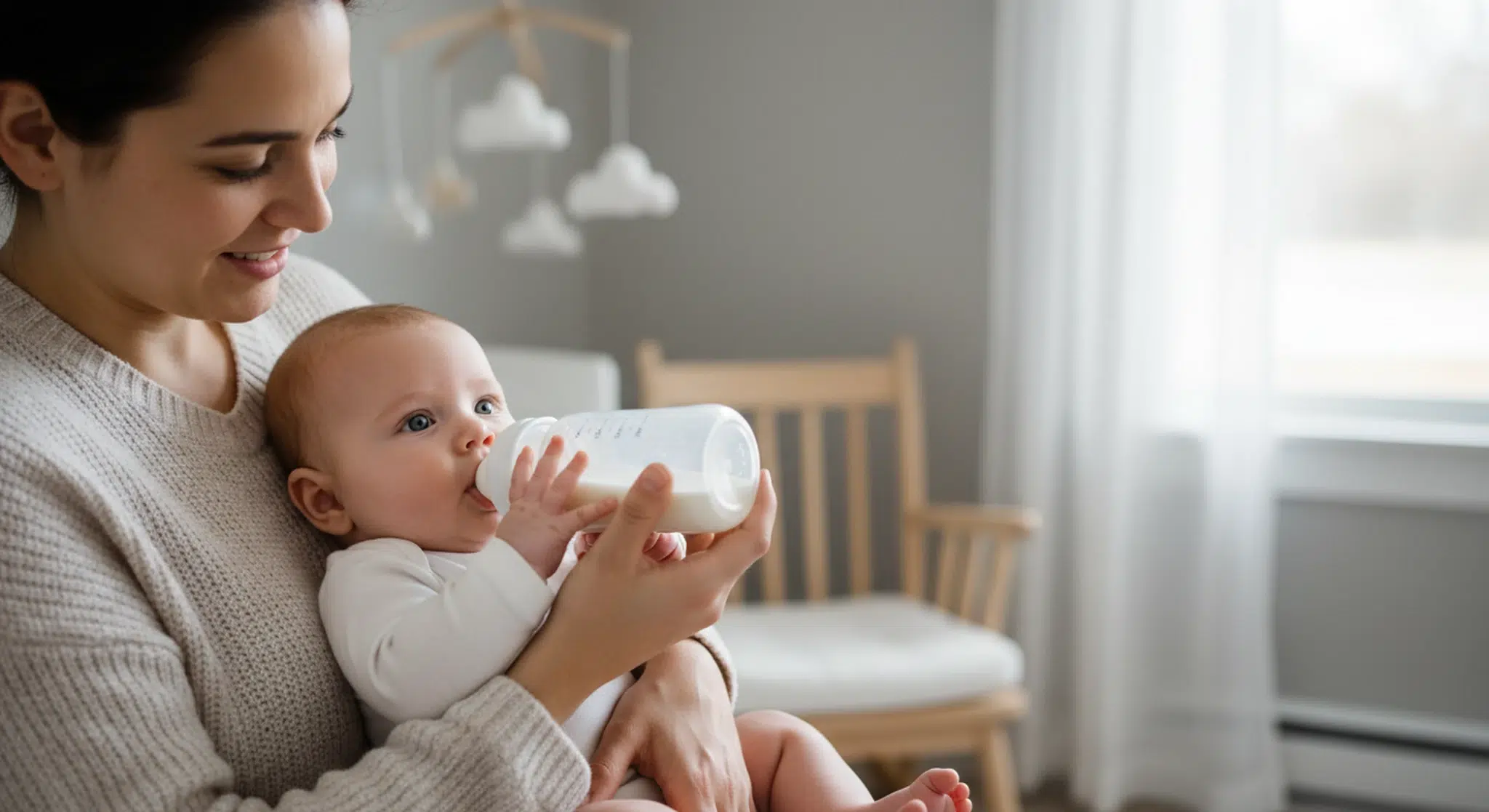 A parent bottle-feeding a three-month-old baby in a semi-upright position