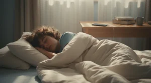 Teenager sleeping peacefully in the early morning with their phone charging across the room