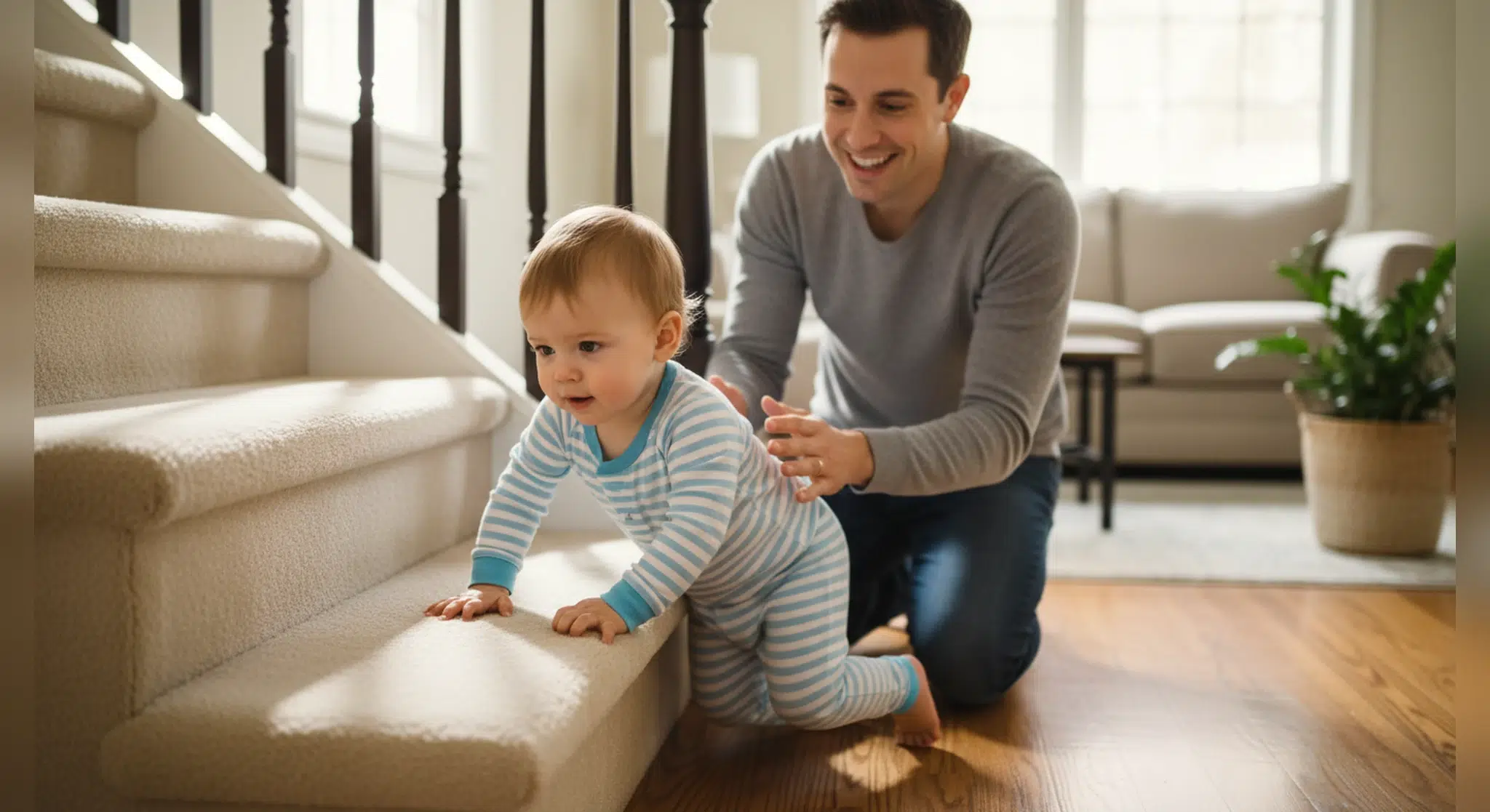 Parent kneeling behind a toddler crawling up the bottom steps of a carpeted staircase