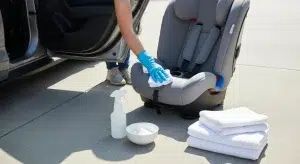 Parent in gloves cleaning an empty child car seat with a cloth, spray bottle and baking soda