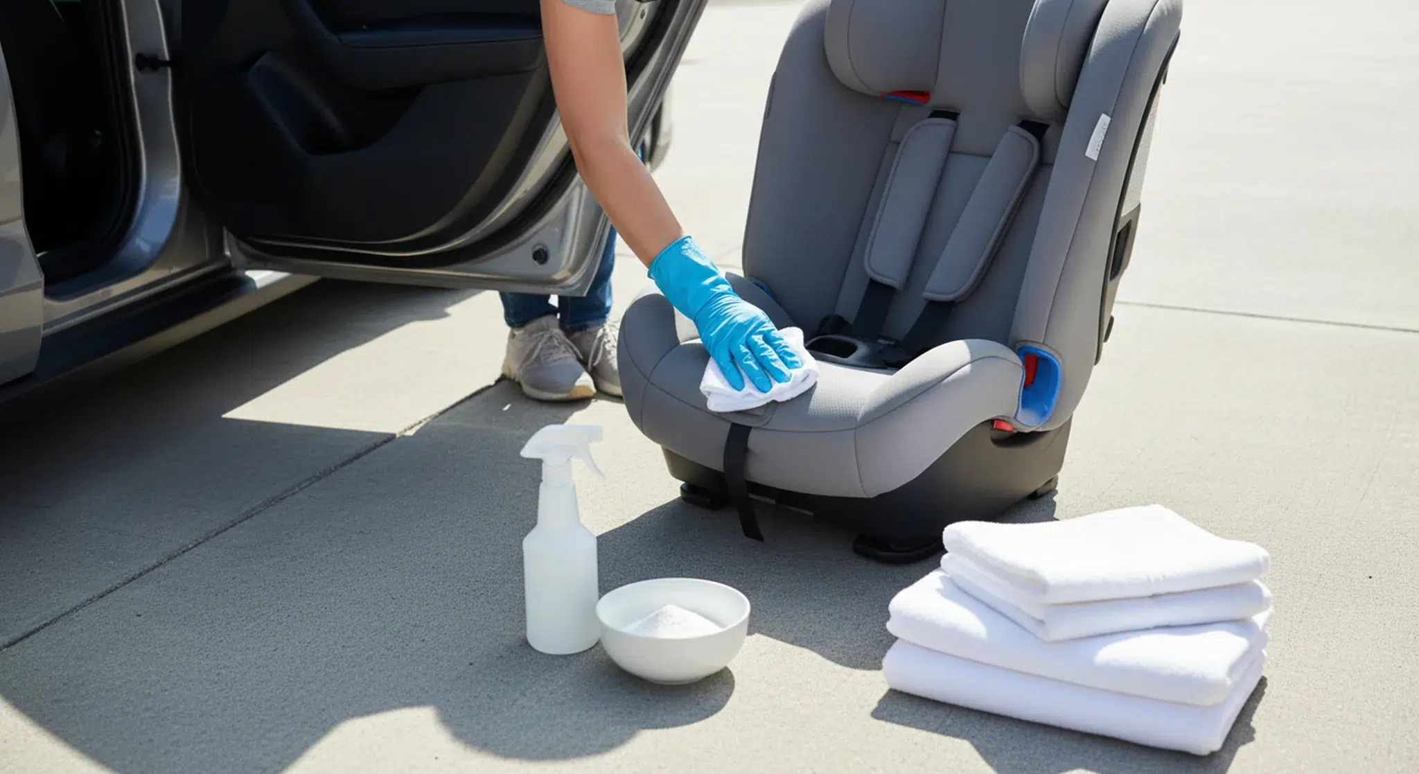 Parent in gloves cleaning an empty child car seat with a cloth, spray bottle and baking soda