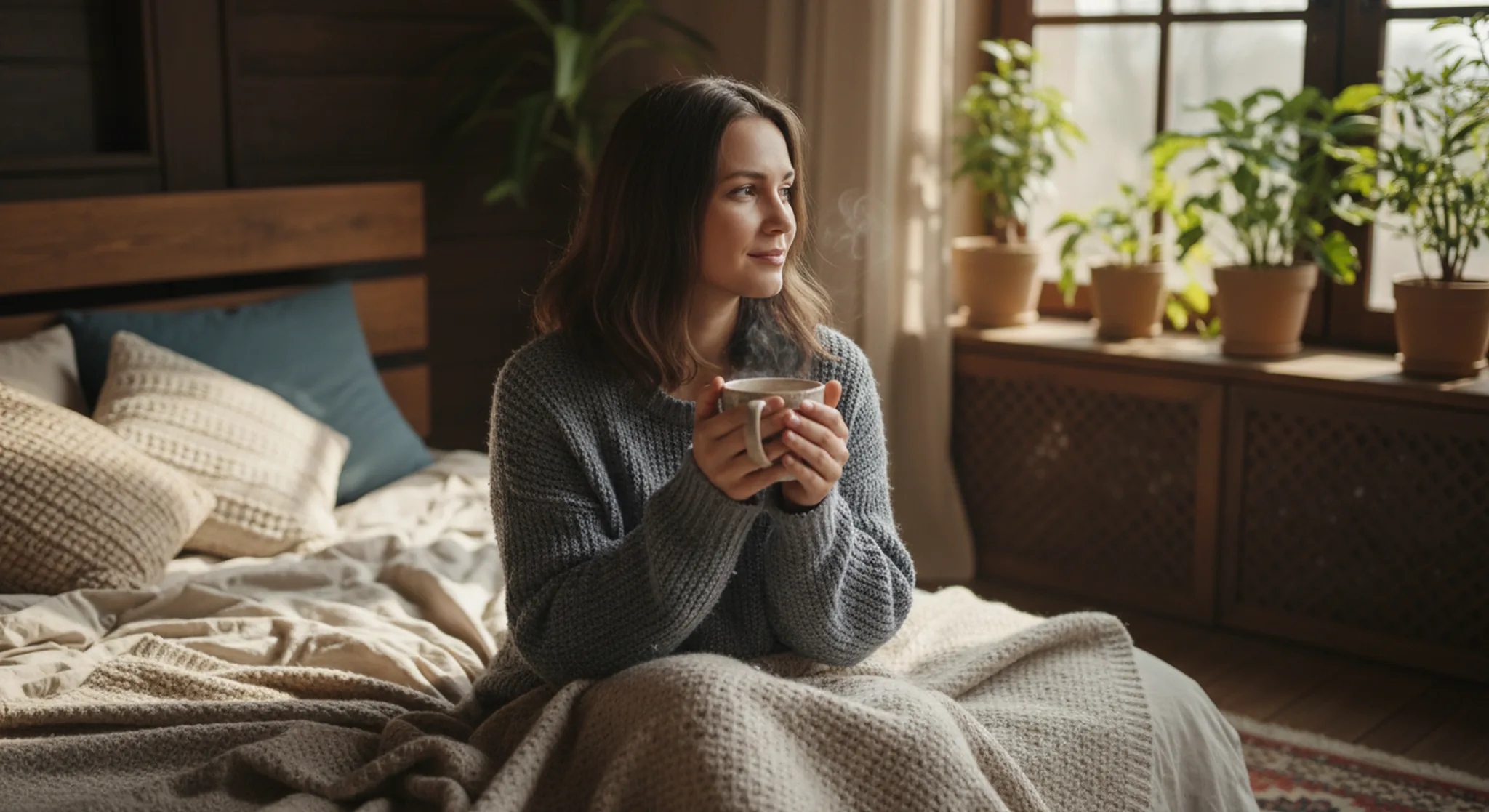 Woman resting with a mug of tea while drying up her milk supply