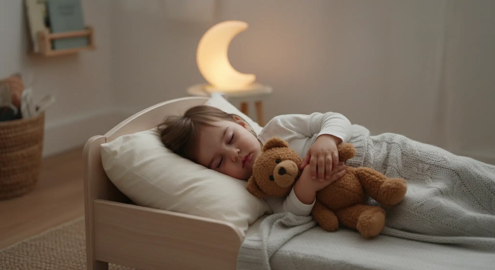A toddler settled and tucked into a toddler bed with a stuffed animal at bedtime