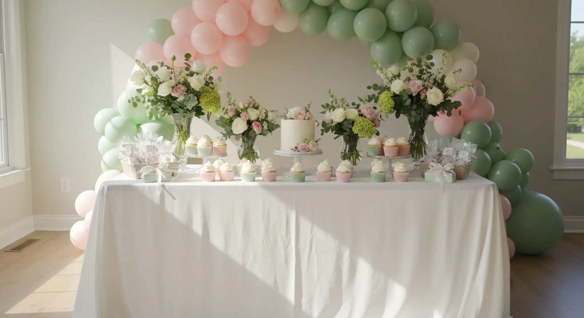 Baby shower dessert table with balloons, flowers, a white cake, and cupcakes