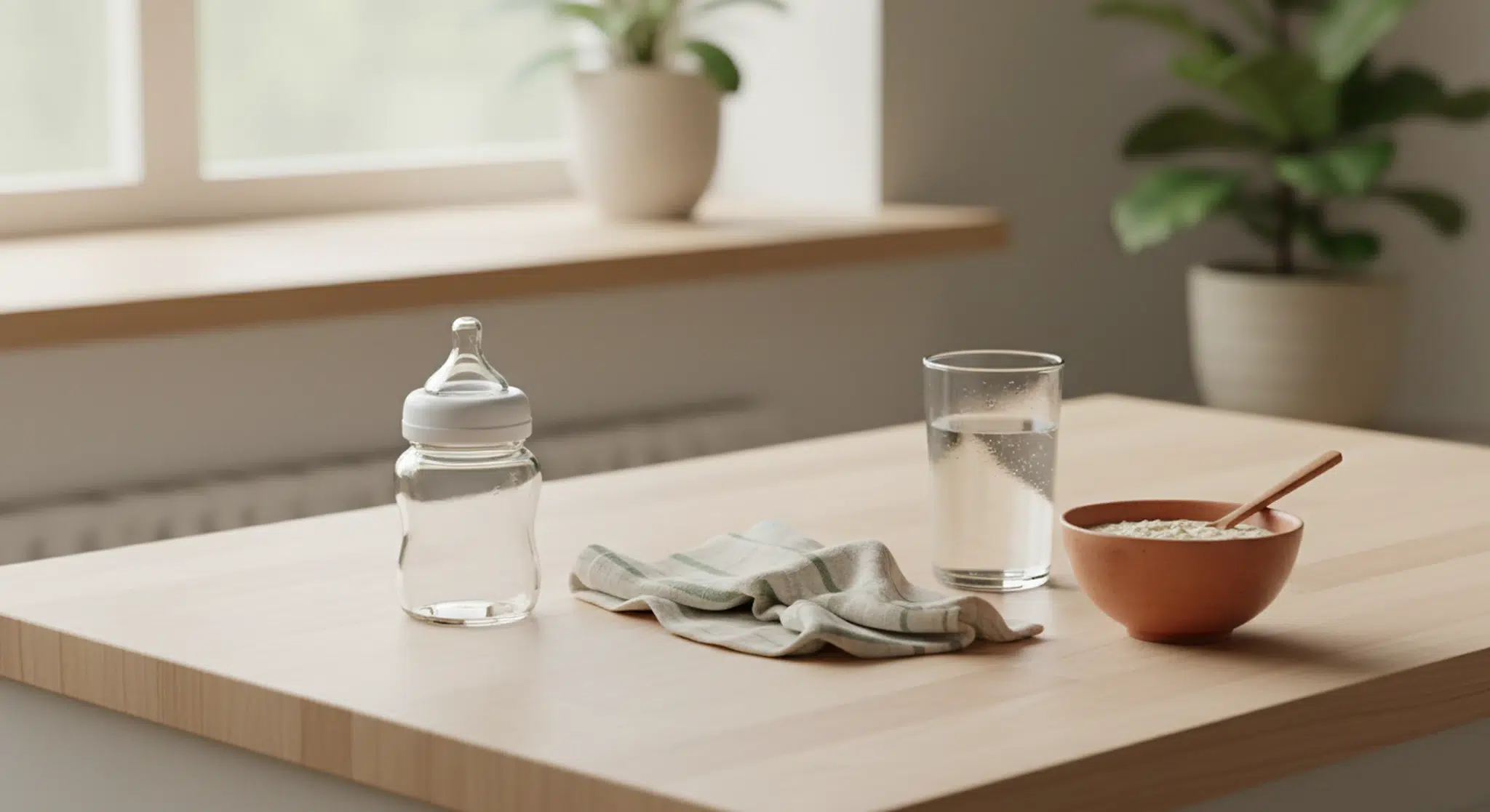 Clean baby bottle, muslin cloth and glass of water on a sunlit kitchen counter