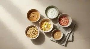 Overhead view of baby-safe allergen foods in small bowls with a baby spoon