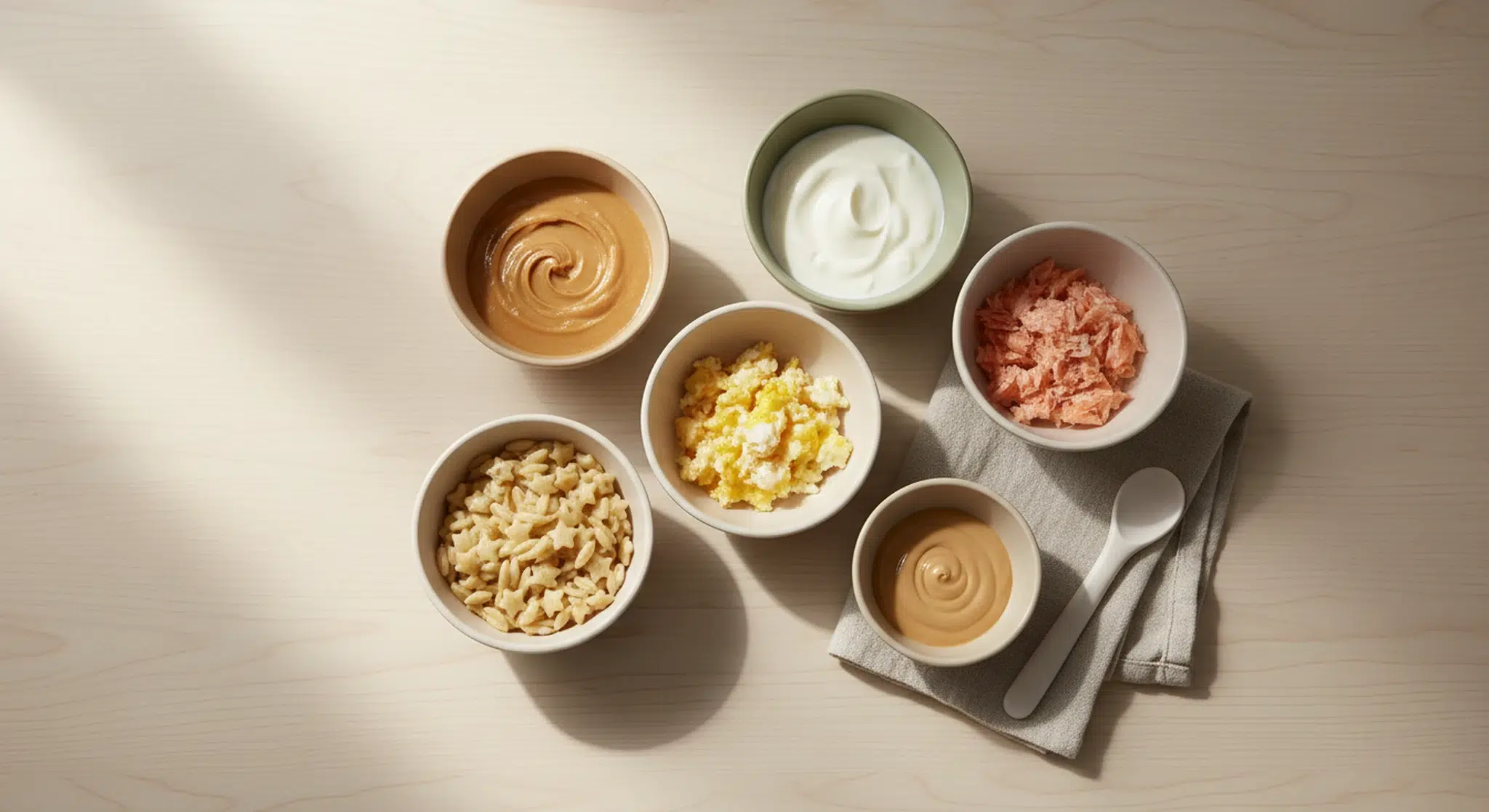 Overhead view of baby-safe allergen foods in small bowls with a baby spoon
