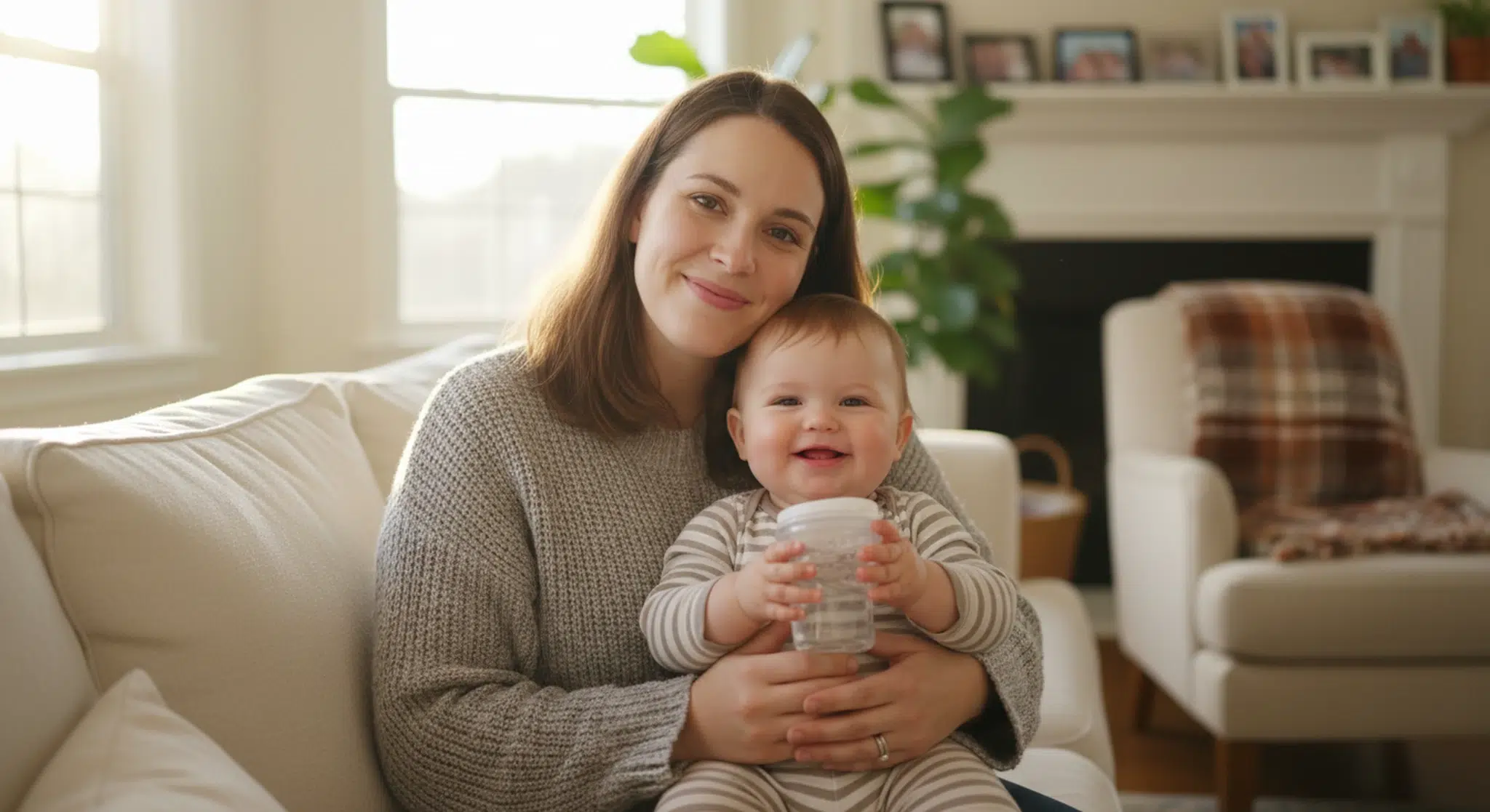 Mother holding her toddler on her lap as the toddler drinks from a sippy cup during weaning