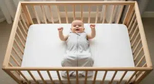 A baby resting on their back in a bare crib wearing an arms-free sleep sack after transitioning out of the swaddle