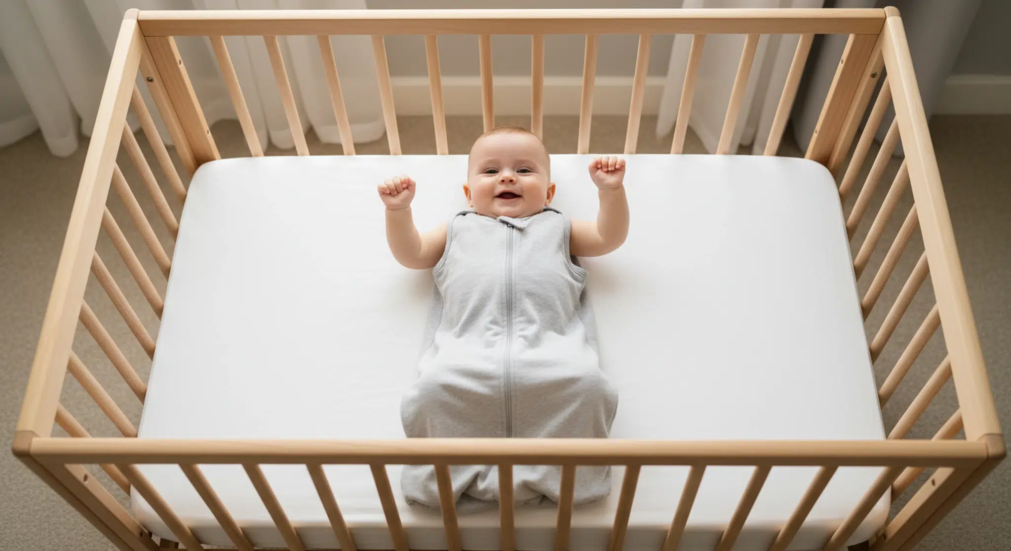 A baby resting on their back in a bare crib wearing an arms-free sleep sack after transitioning out of the swaddle