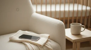 A smartphone with a blank screen resting on a muslin blanket in a calm nursery
