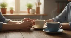 Adult daughter's hands wrapped around her mother's hands on a kitchen table beside two cups of tea