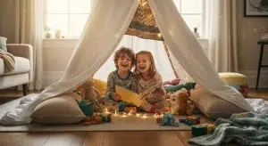 Indoor Activities for Kids 30+ Rainyday Ideas by Age | Betteroo Two children playing and reading inside a homemade blanket fort in a living room
