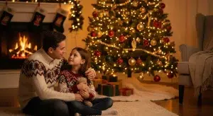 A parent having a gentle conversation with a child by a Christmas tree about whether Santa is real
