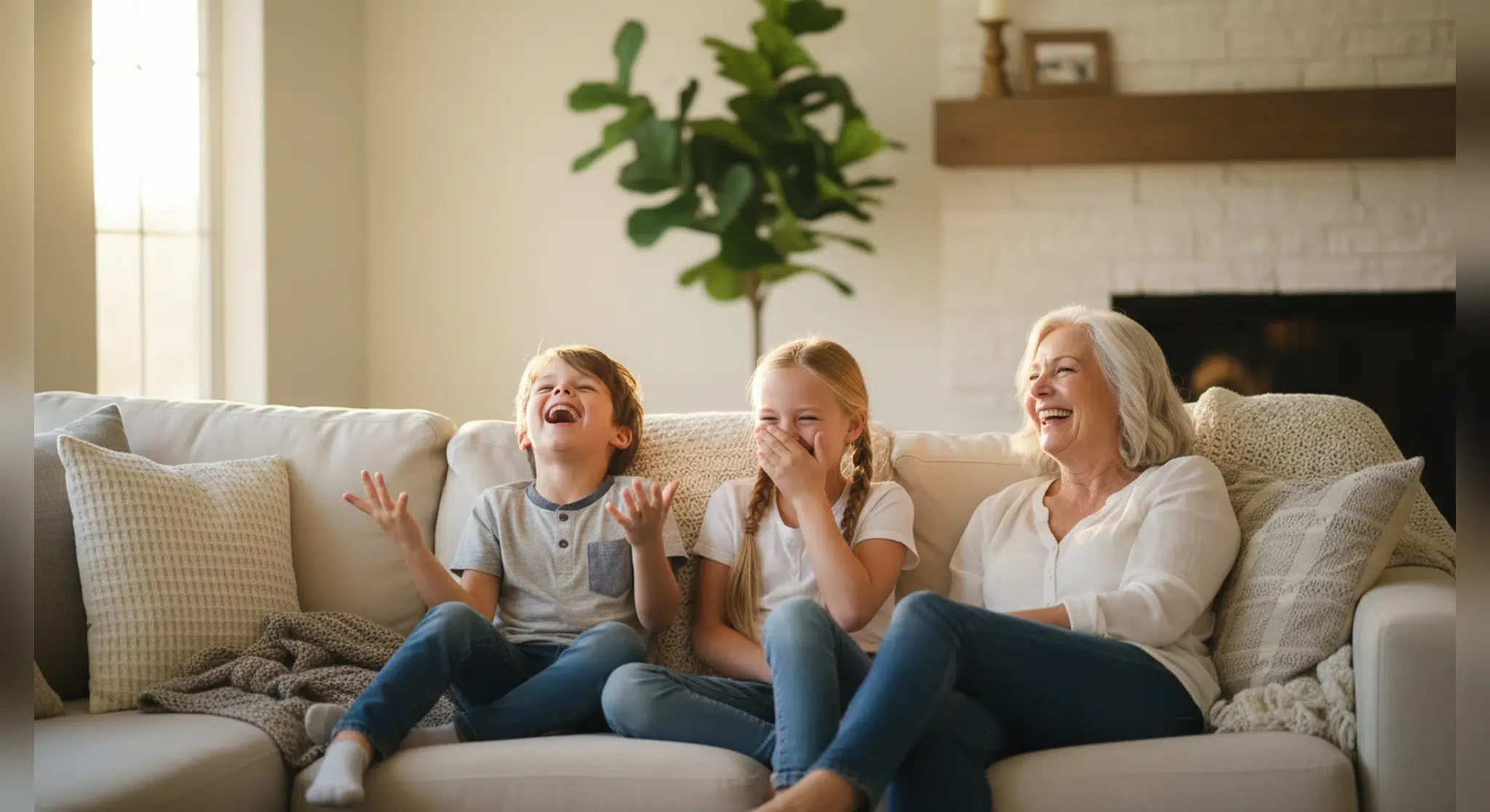 A 5 year old boy telling a funny joke to his sister and grandmother on the couch